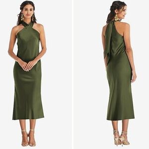 Lovely Draped Twist Halter Tie-Back Midi Dress Paloma Olive Green M